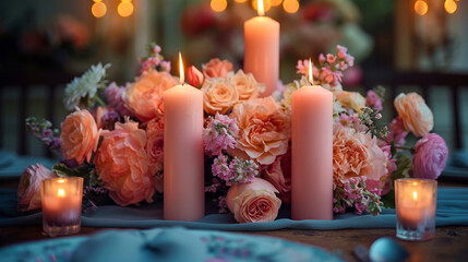 Wall Mural - flowers on the table in restaurant. still life with candles and flowers. pink wedding table setting for a dinner 