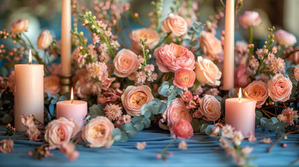 Wall Mural - flowers on the table in restaurant. still life with candles and flowers. pink wedding table setting for a dinner 