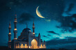The mosque is illuminated by the crescent moon at night, symbolizing the Ramadan kareem and Islamic Day celebrations. Generative ai