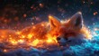   A tight shot of a fox napping atop a bed of pristine snow Its eyes seem to radiate warm, fiery light