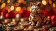   A cat figurine atop a mound of coins, next to a Christmas ornament