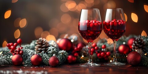 Sticker - Holiday romantic evening set with wine glasses and festive background. For Christmas or wedding