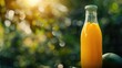 Fresh mango juice in the bottle outdoors, Bottle of orange juice on the wooden table on the green blurred background, Revitalize with freshly squeezed orange juice in a bottle
