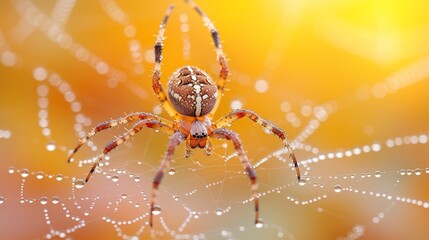   A macrotek close-up of a spider with water droplets on its back against a sunlit yellow background