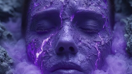 Wall Mural -   A woman with closed eyes is enshrouded in purple smoke, concealing her face