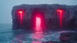   A large body of water with a red light emanating from a tunnel's end in its midst