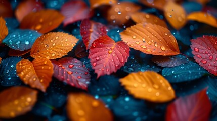 Sticker -   A collection of red and yellow leaves, each dotted with water droplets, hover above a tranquil blue water surface, themselves mirroring smaller water droplets