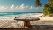 An empty dark wooden table set against a serene beach background, juxtaposing tranquility and rusticity, natural light to enhance the coastal ambiance, beach with chairs