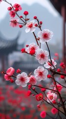 Canvas Print - a cherry blossom branch sticks out of the frame in the distance, with red and white flowers on the tree