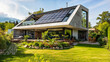 Modern house with solar panels on roof, beautiful garden in front, renewable green energy concept