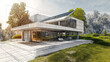 Architectural rendering of a modern house, mix of project drawing and realistic final result