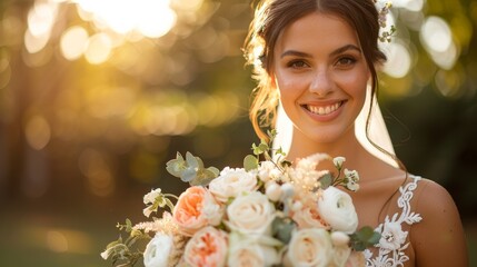 Poster - beautiful wedding bride smiling holding white bouquet outdoors