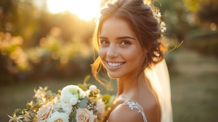 Sticker - pretty wedding bride  holding white bouquet 