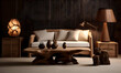 Wooden furniture in living room. 3D rendering. Vintage style