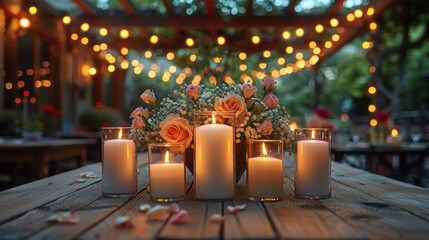 Wall Mural - Wedding  table setting. hall decoration with a lot of string lights and candles. festive table decor on the terrace --ar 16:9 --style raw --stylize 1000 Job ID: 5e55d803-6185-43f9-9cf1-002e563487d8