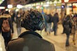 individual in a crowded place, headphones on, detached from the bustle
