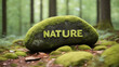 Moss covered rock with text nature in forest 