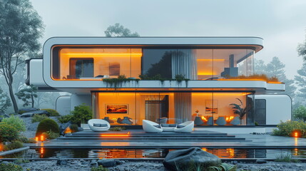 Aufkleber - Modern House With Many Windows and Lights
