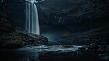 Fototapeta  - A night shot of a waterfall illuminated by moonlight casting a mystical glow.