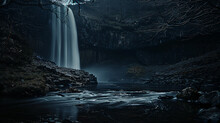 A Night Shot Of A Waterfall Illuminated By Moonlight Casting A Mystical Glow.