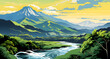 mountains with green hills and a river running under a blue cloudy sky