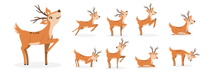 Wall Mural - Set of brown deer running and jumping. Beautiful stylized cartoon deers isolated on a white background. Cartoon character animal design. Vector illustration in flat style