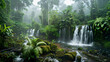 A panoramic view of a vast waterfall system in a tropical rainforest teeming with life.