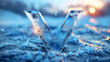 Letter v in frozen landscape, lblue, close-up, shiny ice