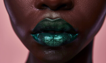 Wall Mural - Green lipstick on black woman's lips close up detail, pastel pink background, beauty and cosmetics.