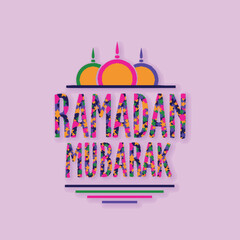 Poster - Stars decorated colorful wishing text Ramadan Mubarak with upper part of mosque on pink background, Elegant greeting card design for Islamic holy month of prayers, celebration.