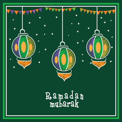 Wall Mural - Creative colorful hanging lanterns with bunting decoration on stars decorated green  background, Elegant greeting card design for Islamic holy month, Ramadan Mubarak celebration.