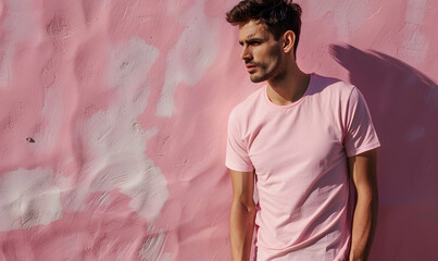 Wall Mural - handsome man wearing T-shirts mockup empty in pink t shirt