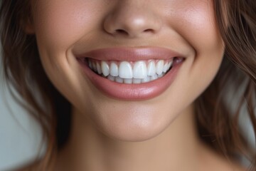 Close-up of a smiling woman showcasing her brilliant white teeth after a dental procedure