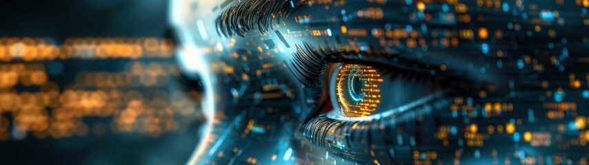 AI technology concept. Close-up of a human eye on an abstract background depicting electronic circuits. Banner.