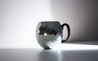 disco ball with glare, in the shape of a coffee mug, on a light background, minimalism, space for text 