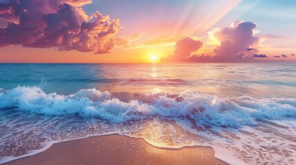 Wall Mural - Beautiful beach scenery with calm waves and soft sandy beach Colorful Sunset sea