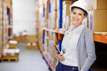 Canvas Print - Tablet, happy or woman in warehouse for safety in shipping delivery, product or factory stock by shelf. Industrial logistics, proud inspector or boxes for package or cargo for online order on website