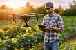 Engineers farmer Man using drones to monitor crop health and environmental conditions in fields