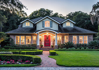 Beautiful house in the park at sunset with blue sky background.