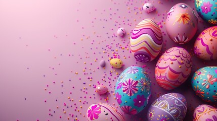 Wall Mural - Easter day background with painted eggs with colorful pattern, Generative Ai 