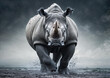 White rhinoceros standing in mud on stormy sky background