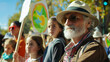 A protest march for climate action with people of all ages holding signs demanding policy changes and sustainability.