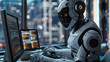 Advanced humanoid robot with intricate design working at a computer workstation in a modern office with a futuristic cityscape visible through the window.