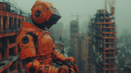 Aufkleber - Orange Robot Standing in Front of City