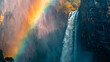 A rainbow forming in the mist of a high waterfall against a bright sunny sky.