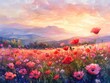 Watercolor landscape pastel poppies blooming nature s beauty sunrise glow wide scenic view