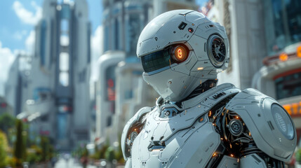Aufkleber - Robot Standing in Front of City