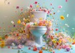 Overflowing toilet with a vibrant explosion of flowers, capturing a contrast between the mundane and beautiful