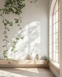 Cozy minimalist bedroom with natural light casting shadows on an arched mirror, plants, and a simple bed