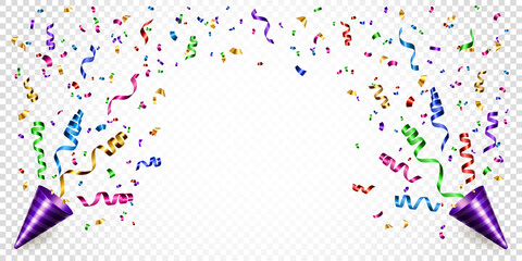 Vector border with realistic party popper, colorful ribbons and confetti. Decor frame for invitation, greeting card, banner for anniversary or birthday.